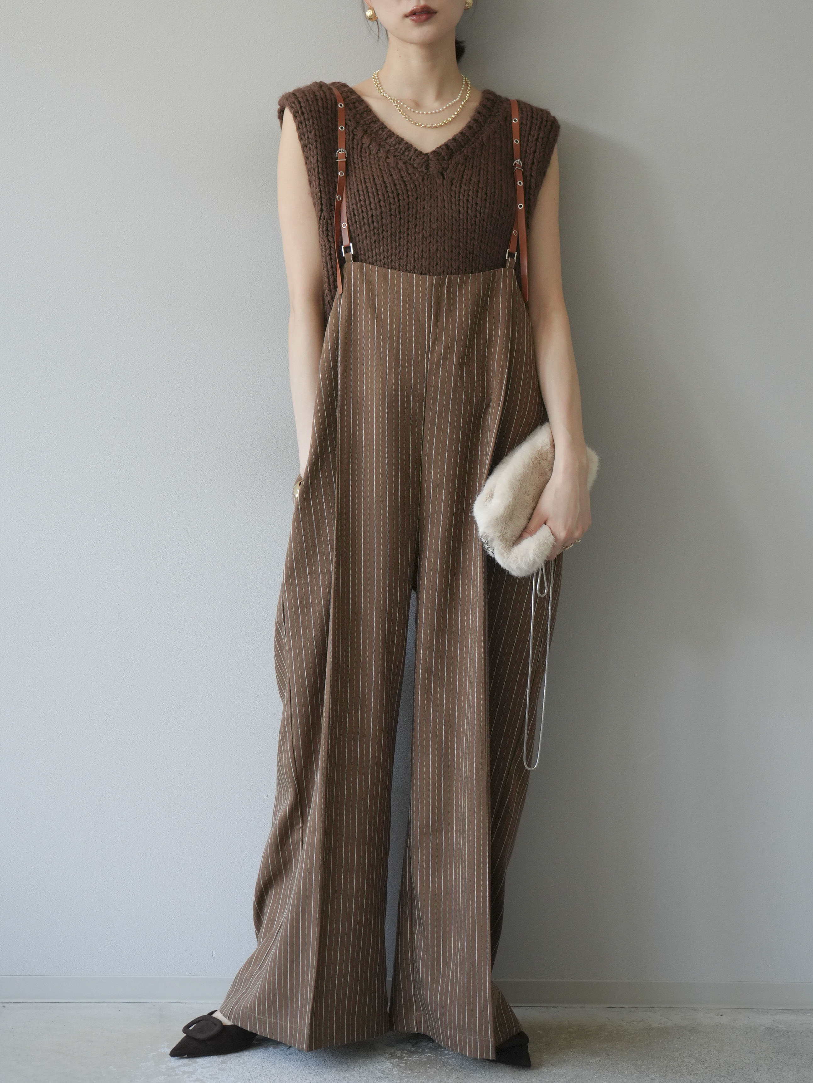 予約]ヘリンボーンストライプサロペット/ブラウン – Lumier