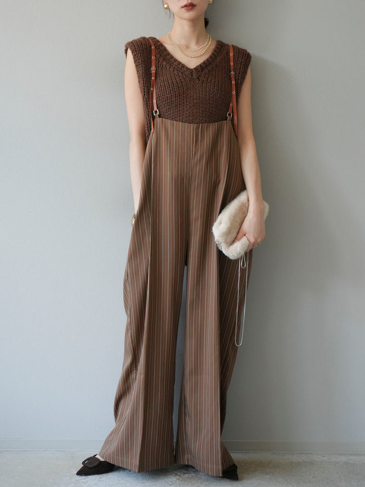 [予約]ヘリンボーンストライプサロペット/ブラウン