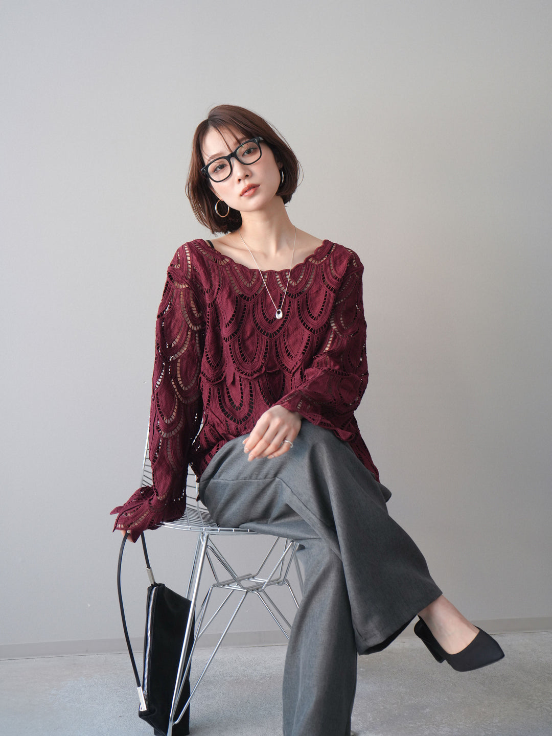 [予約]透かしコードレースブラウス/bordeaux