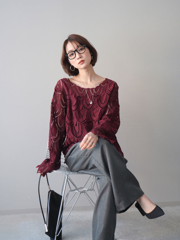 [予約]透かしコードレースブラウス/bordeaux