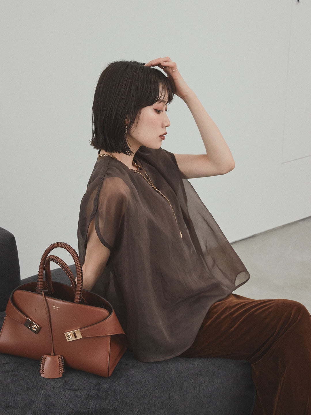 [予約]コンパクトスムースシアーレイヤードトップス/ブラウン