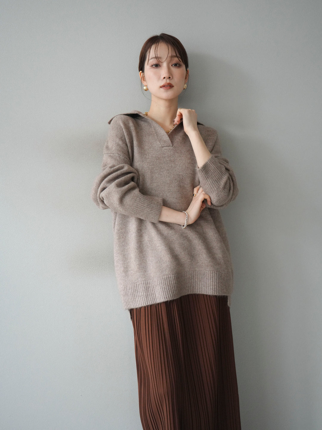 [予約]スキッパーオーバーニットプルオーバー/greige