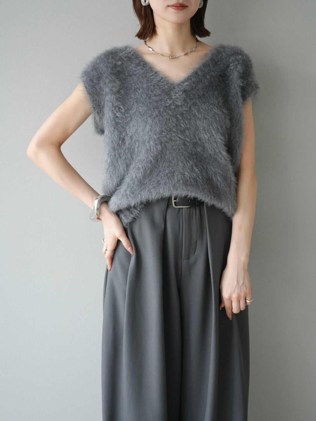 [SET]ラメシャギーVネックニットベスト+ベルトループデザインワイドパンツ(2set)