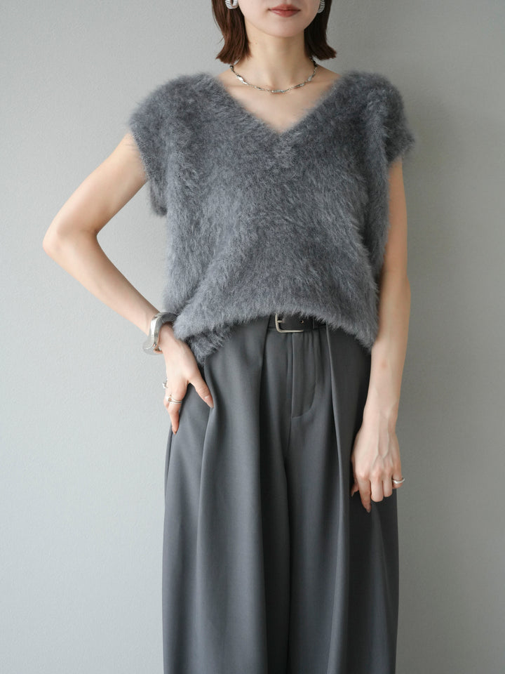 [SET]ラメシャギーVネックニットベスト+ベルトループデザインワイドパンツ(2set)