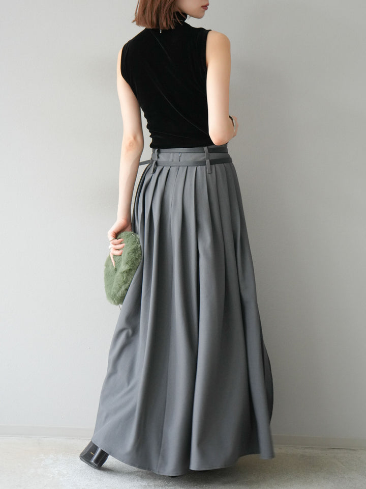 [SET]シアーベロアプチネックノースリーブトップス+エステルプリーツスリットスカート(2set)