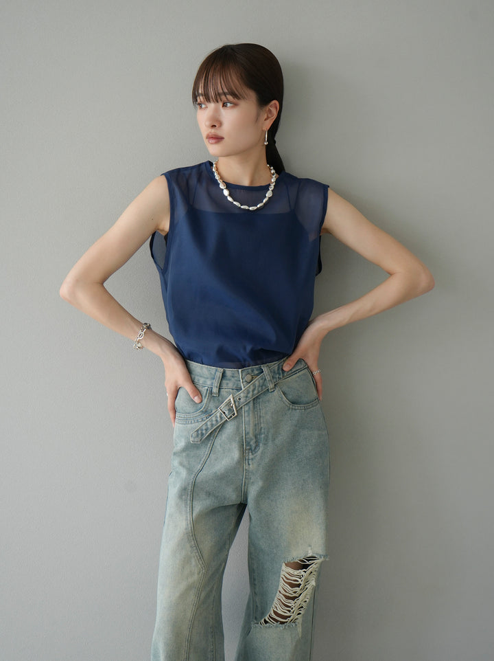 [SET] Organdy sleeveless top + belt asymmetrical damaged denim (2set)