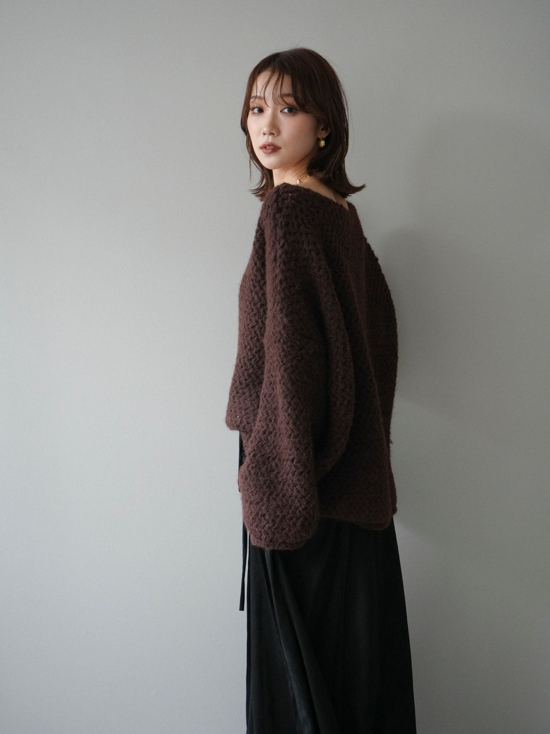 [予約]ワッフル編みオーバーニットプルオーバー/brown