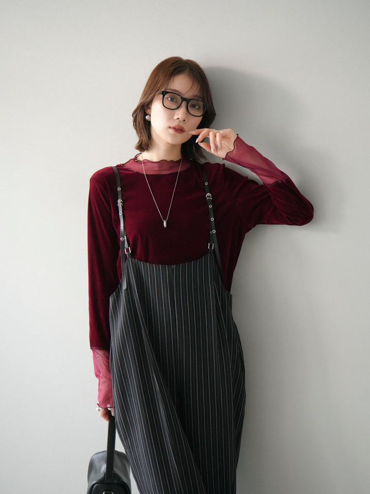 [SET]ヘリンボーンストライプサロペット+シアー切替ベロアトップス(2set)