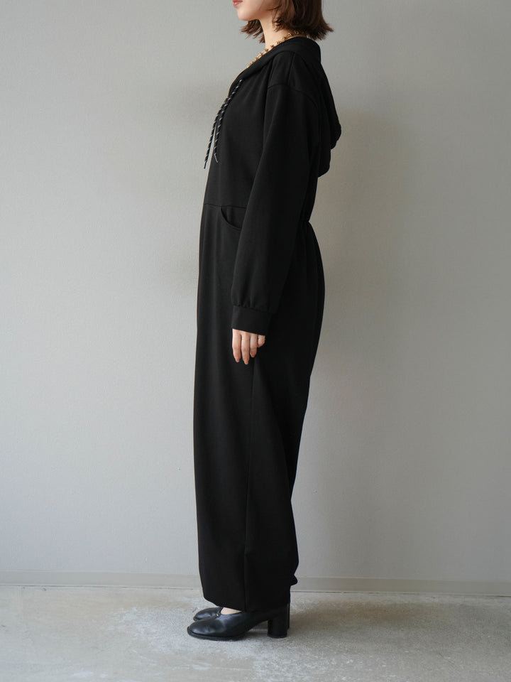 [予約]ミニ裏毛フーディージャンプスーツ/ブラック