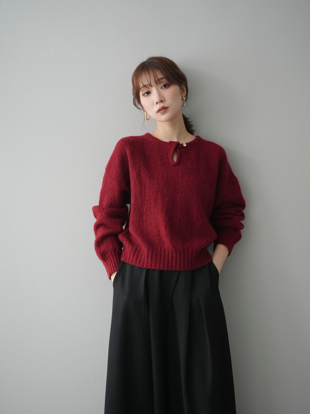 [予約]ツイストネックラメネップヤーンニットプルオーバー/red