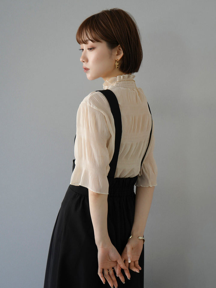 [SET] Shirring chiffon half sleeve blouse + 2WAY flare jumper skirt (2set)