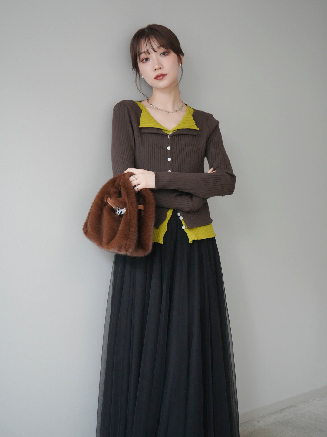 [予約]配色レイヤードリブニットカーディガン/brown