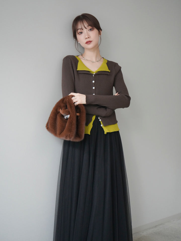 [予約]配色レイヤードリブニットカーディガン/brown