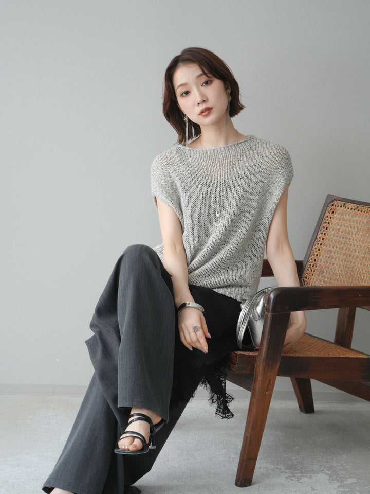 [予約]テープヤーンノースリーブニットトップス/gray