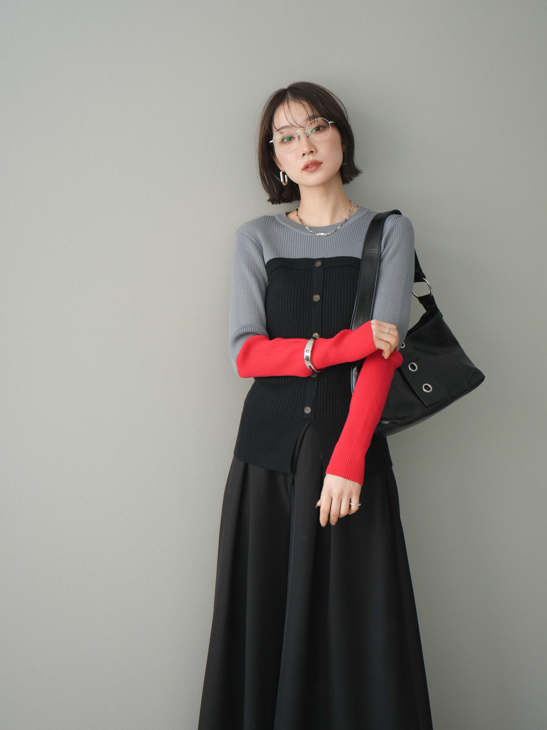 [SET]配色ビスチェドッキングリブニットトップス+選べるアクセセット(2set)