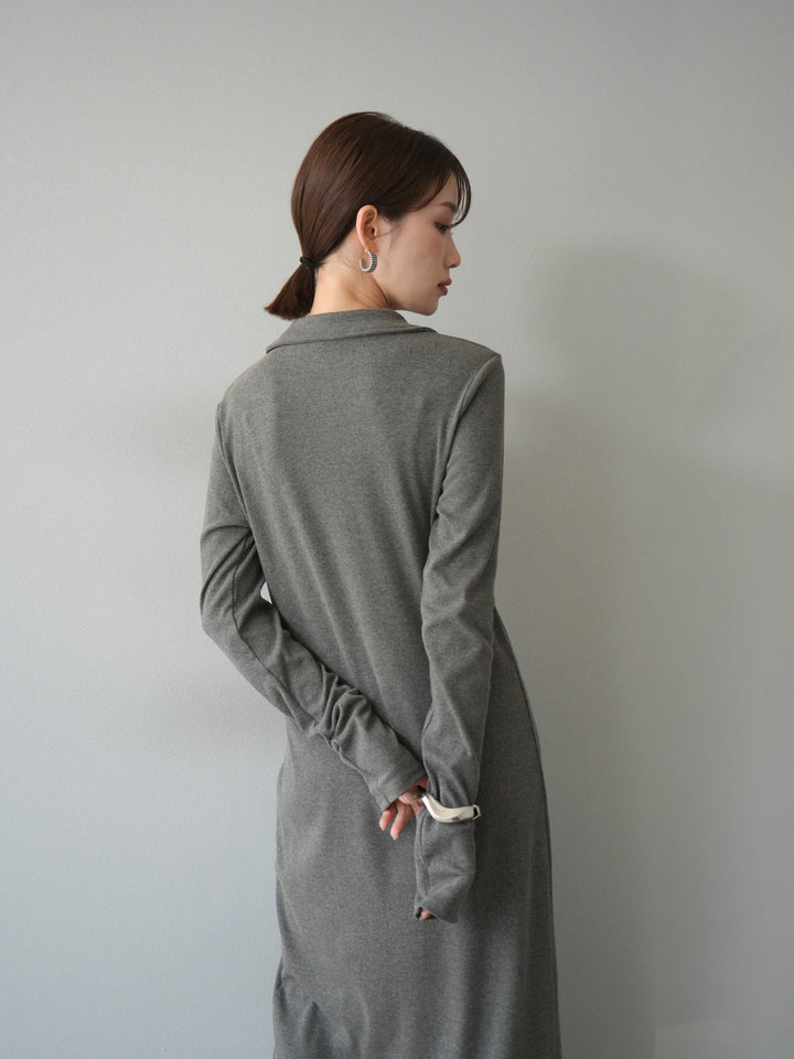 [予約]襟付きカットリブボタンワンピース/チャコール