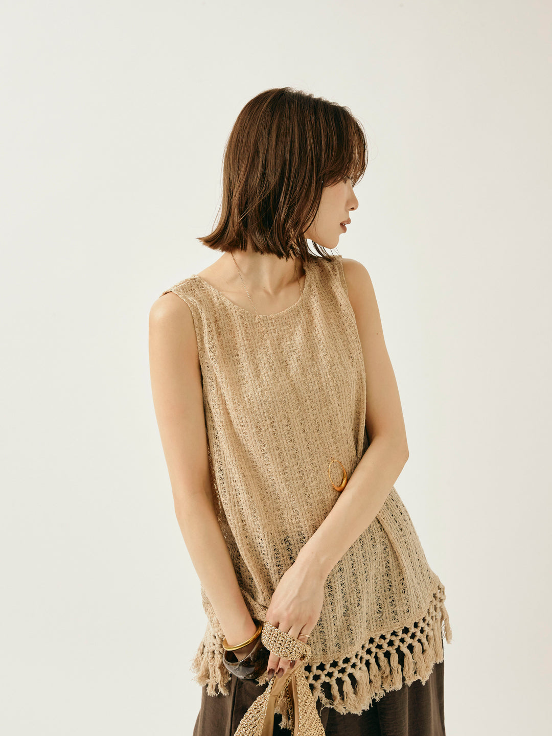 [予約]フリンジ透かし編みニットベスト/ベージュ