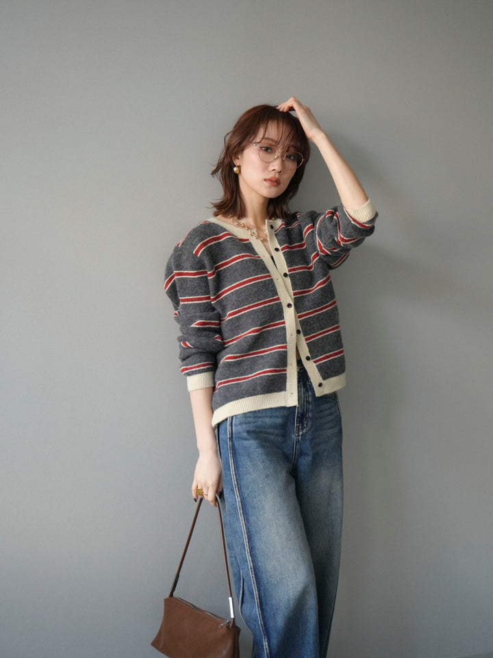 [予約]配色ボーダーニットカーディガン/gray