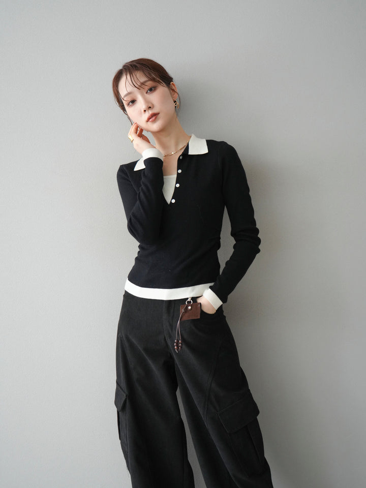 [予約]レイヤード配色ポロニットトップス/black