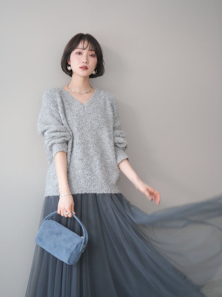 [SET]Vネックスラブニットプルオーバー+選べるアクセセット(2set)