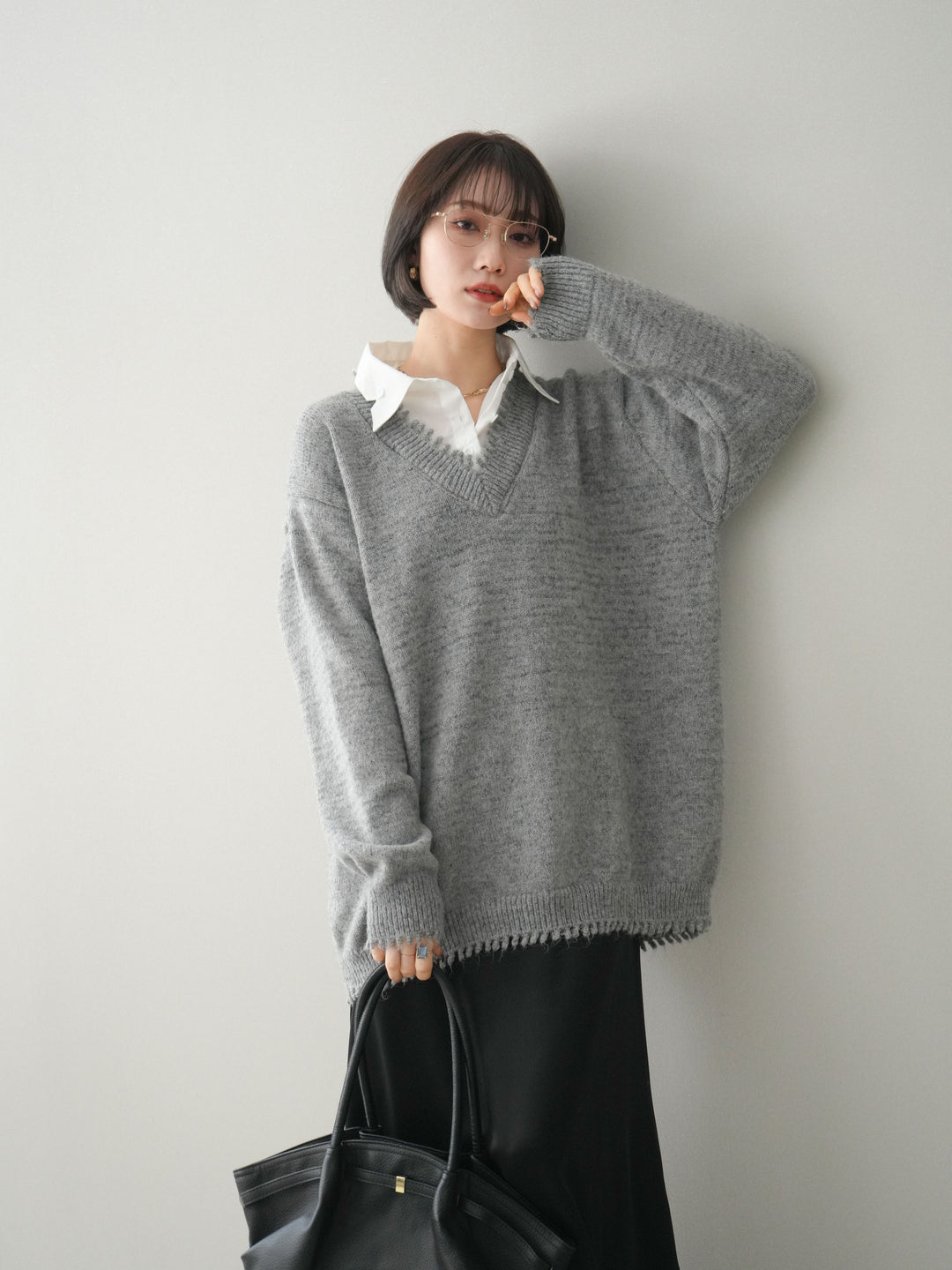 [予約]シャツドッキングVネックフリンジニットプルオーバー/gray