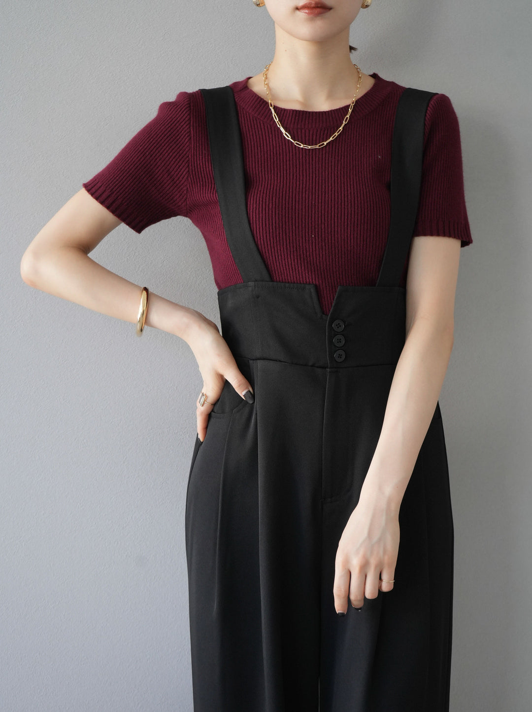 [予約]バックホールハーフスリーブリブニットトップス/ボルドー