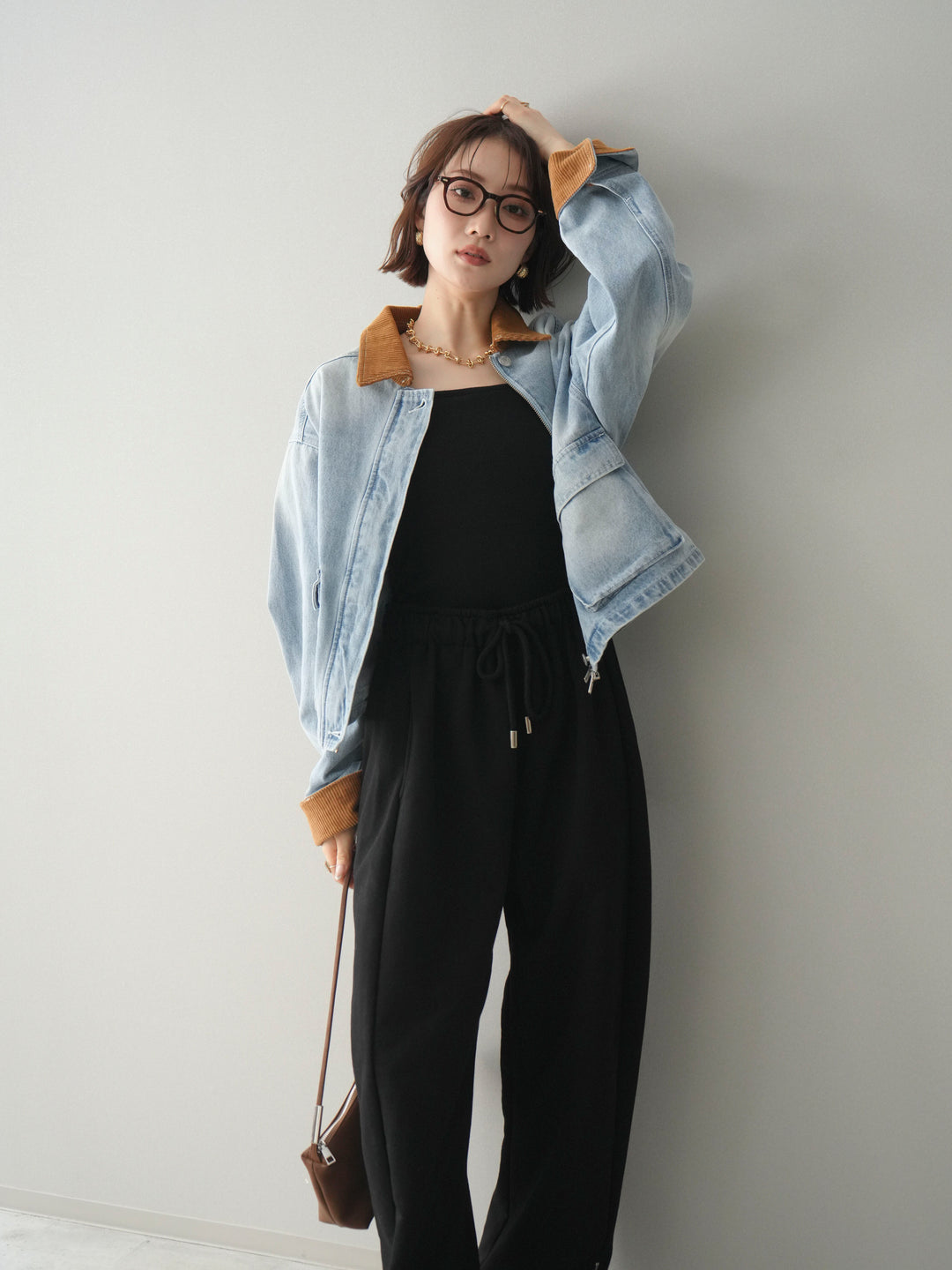 [予約]コーデュロイ×デニムショートカバーオール/bleach