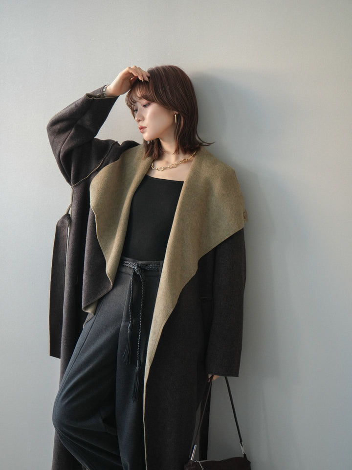 [予約]ダブルフェイスバイカラーロングコート/khaki