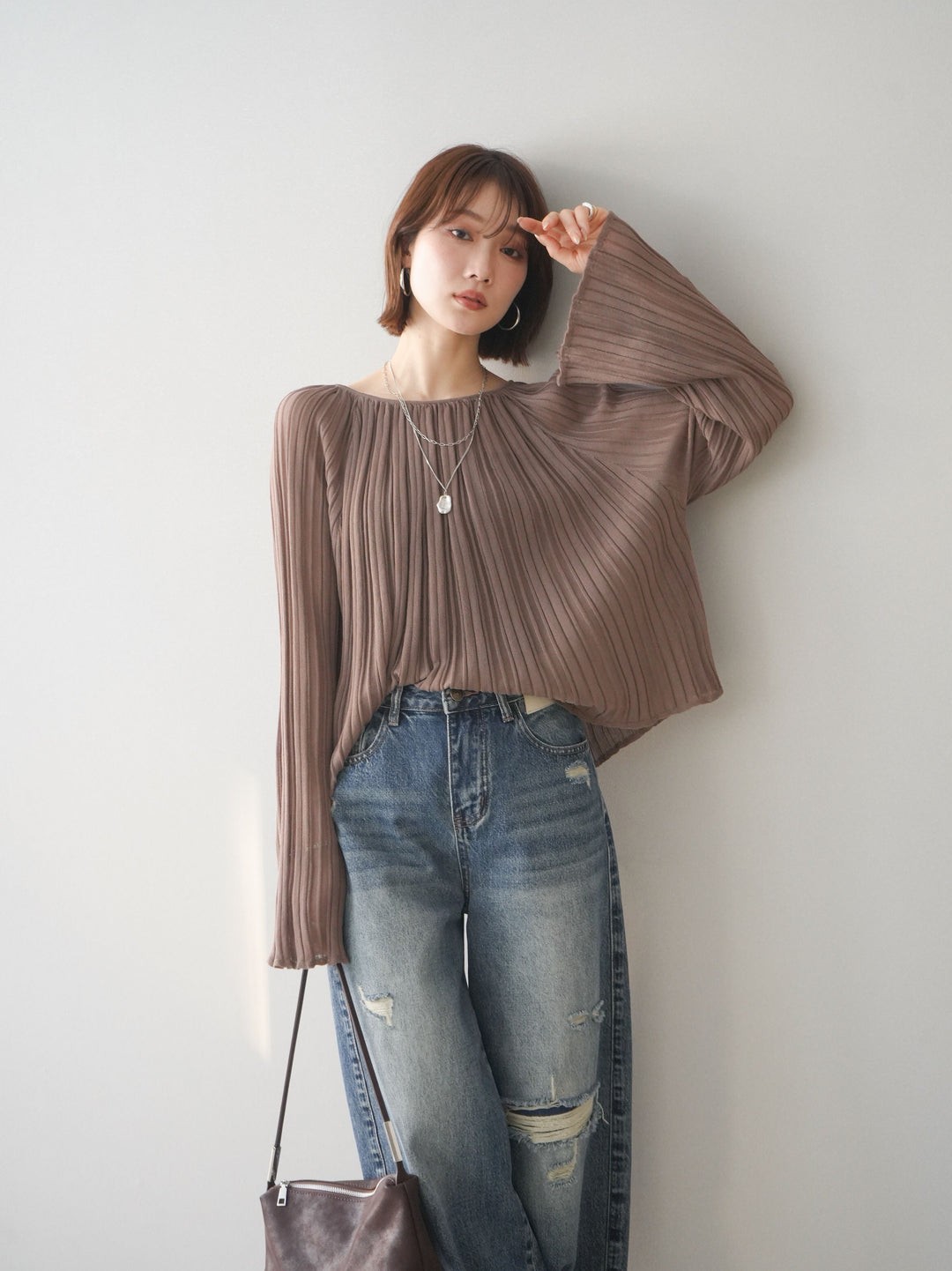 [SET]プリーツシアーフレアスリーブニットトップス+プリーツシアーフレアスリーブニットトップス(2set)