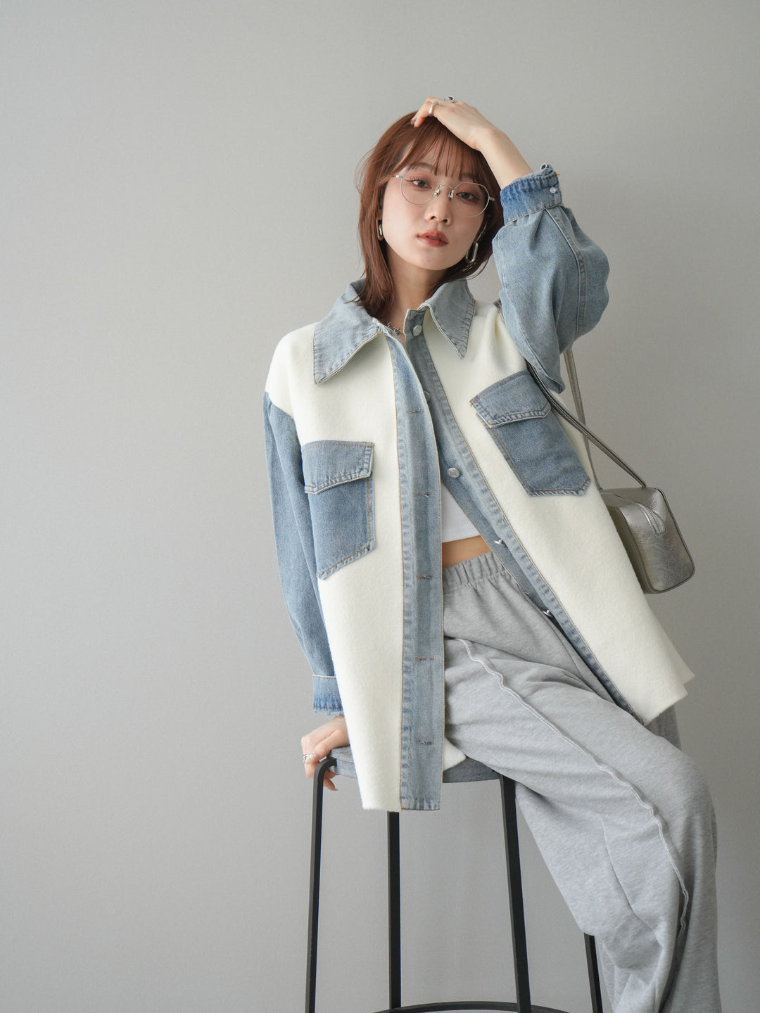 [SET]デニム襟ダブルフェイスニットカーディガン+2WAYデザインスウェットパンツ(2set)