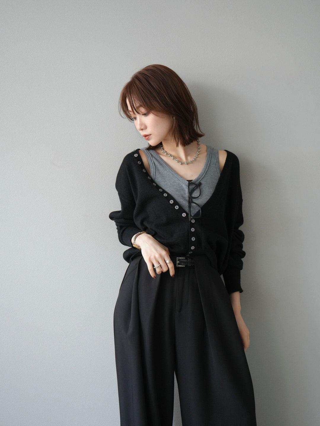 [SET]デザインボタンニットカーディガン＆タンクトップSET+ベルトループデザインワイドパンツ(2set)