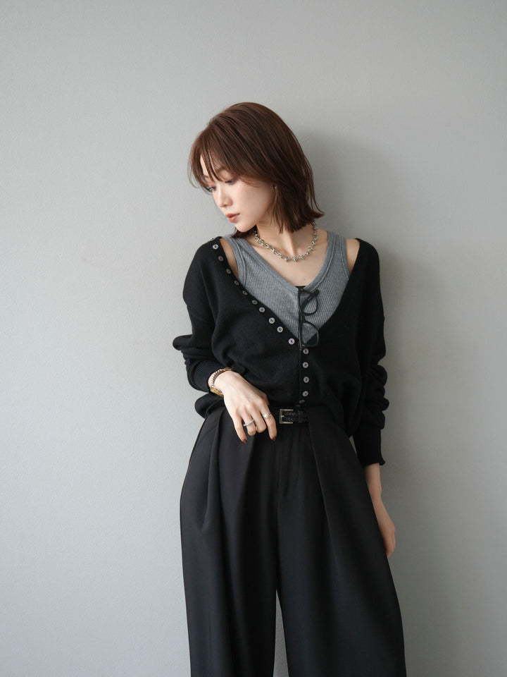 [SET]デザインボタンニットカーディガン＆タンクトップSET+ベルトループデザインワイドパンツ(2set)