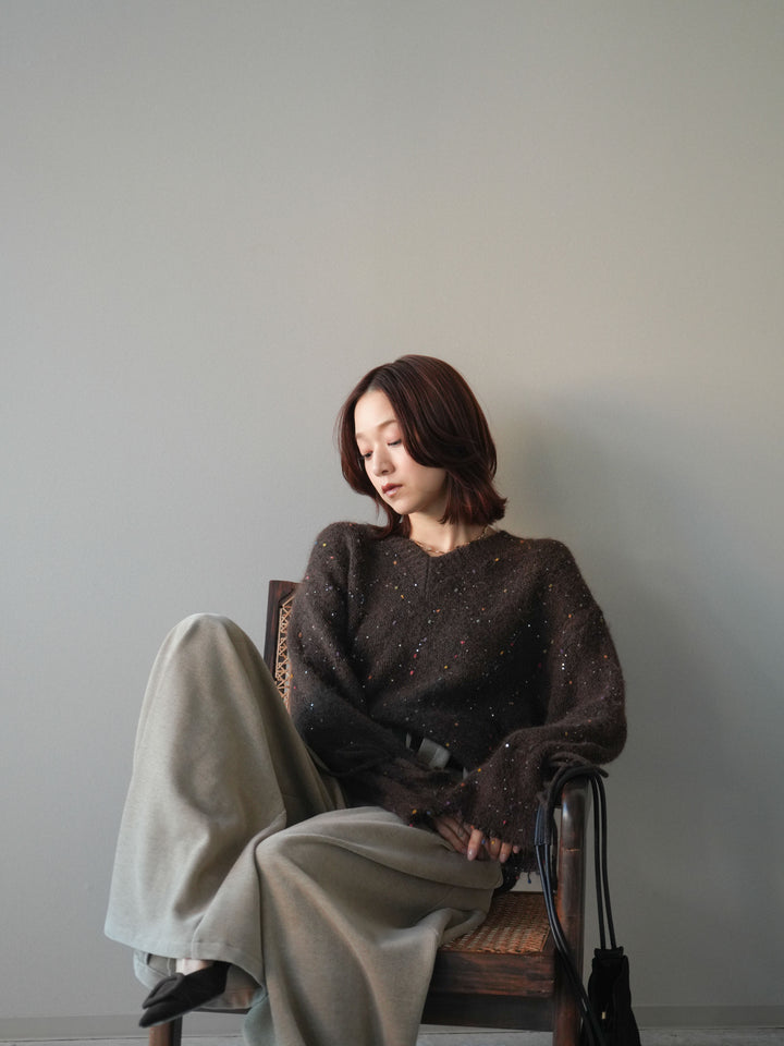 [SET]キャンディースリーブカラーネップスパンコールニットプルオーバー+ベルトデザインループコールテンワイドパンツ(ベルト付き)(2set)