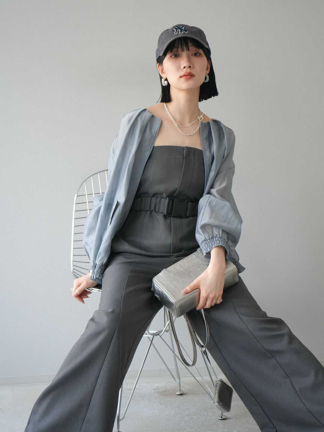 [SET]タックデザインシアーブルゾン+ヘザーツイルベルト付ベアサロペット(2set)