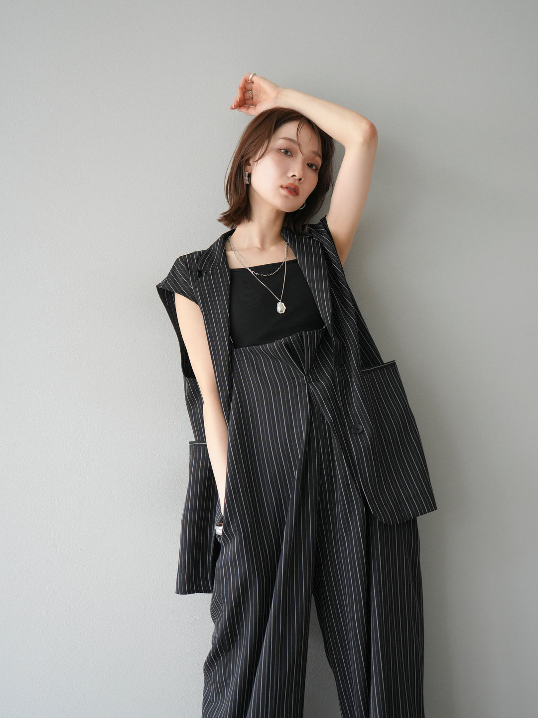 [SET]ヘリンボーンストライプジレ+ヘリンボーンストライプサロペット(2set)