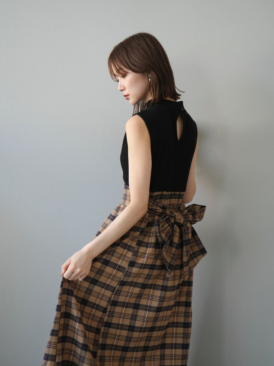 [SET]テレコ×チェックドッキングノースリワンピース+選べるアクセセット(2set)