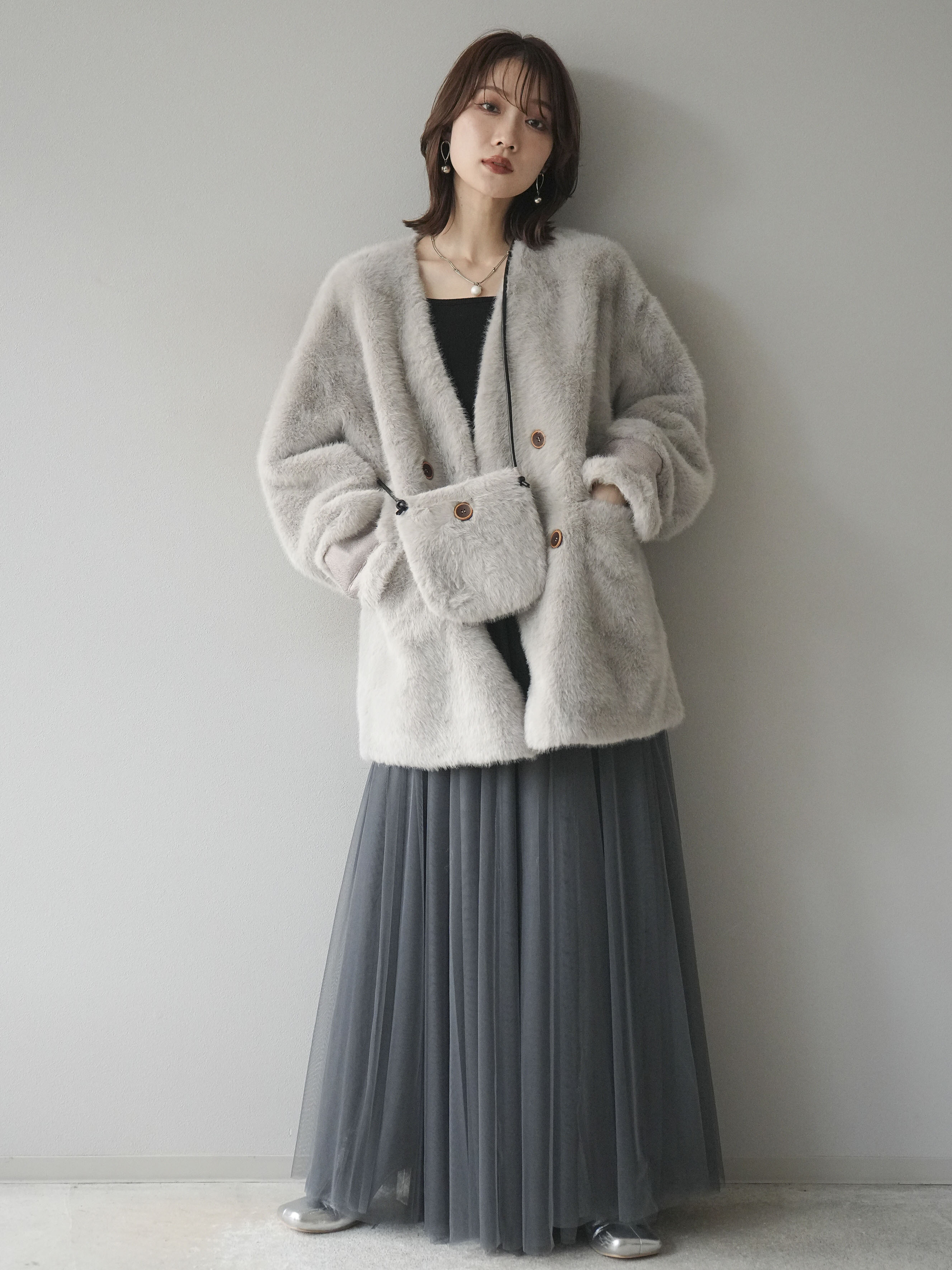 SET]バッグ付エコファーノーカラーコート+チュールボリュームスカート