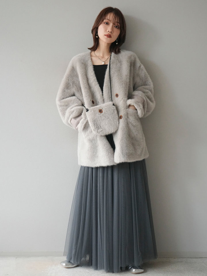 [SET]バッグ付エコファーノーカラーコート+チュールボリュームスカート(2set)