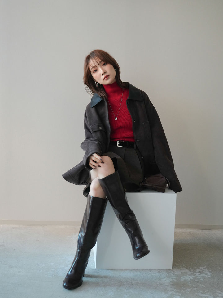 [SET]襟レザーステンカラースエードジャケット+袖ボタンボトルネックリブニットトップス(2set)