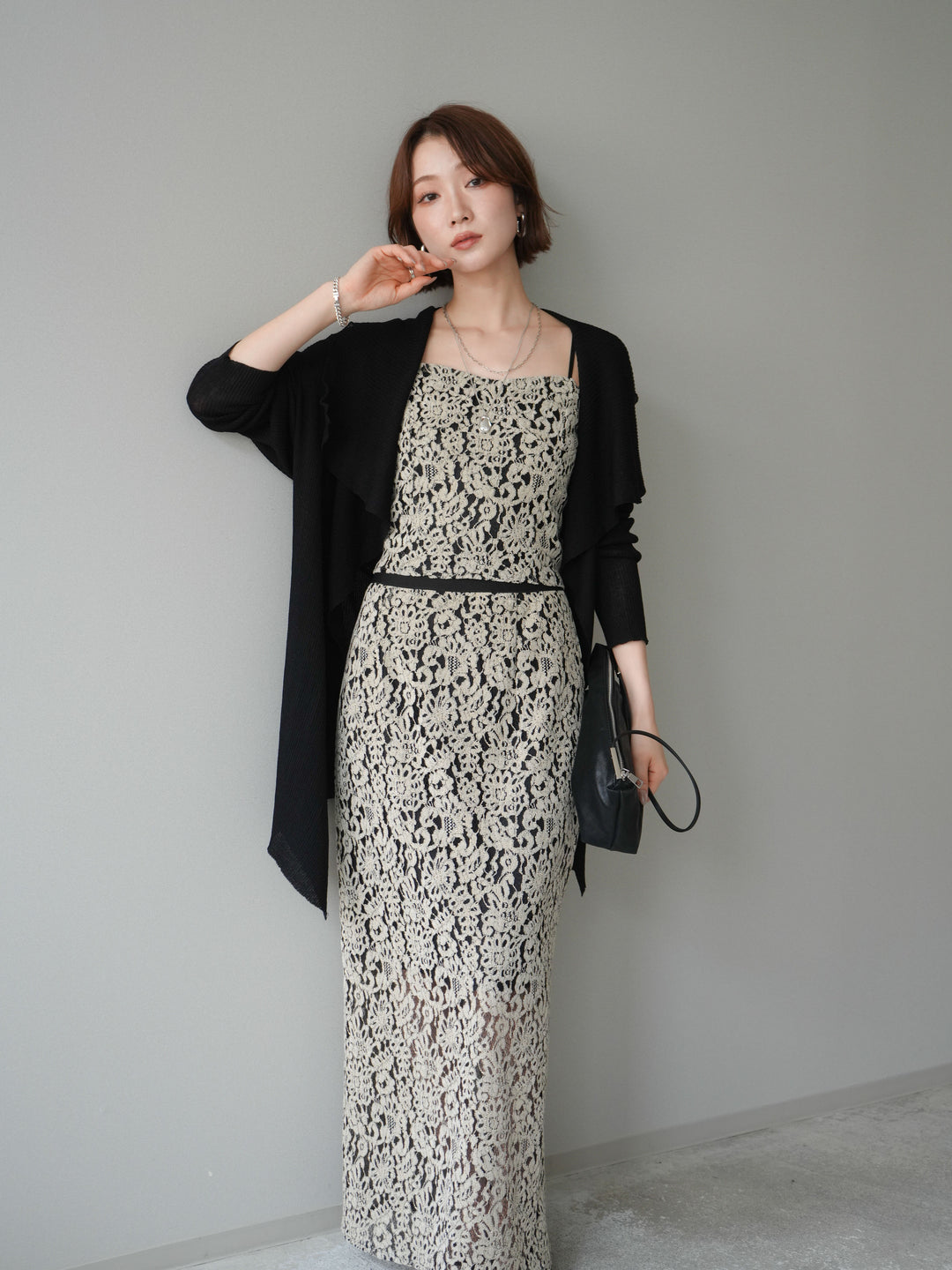 [SET]ドレープリブニットガウン+フルレースキャミ＆IラインスカートSET UP(2set)