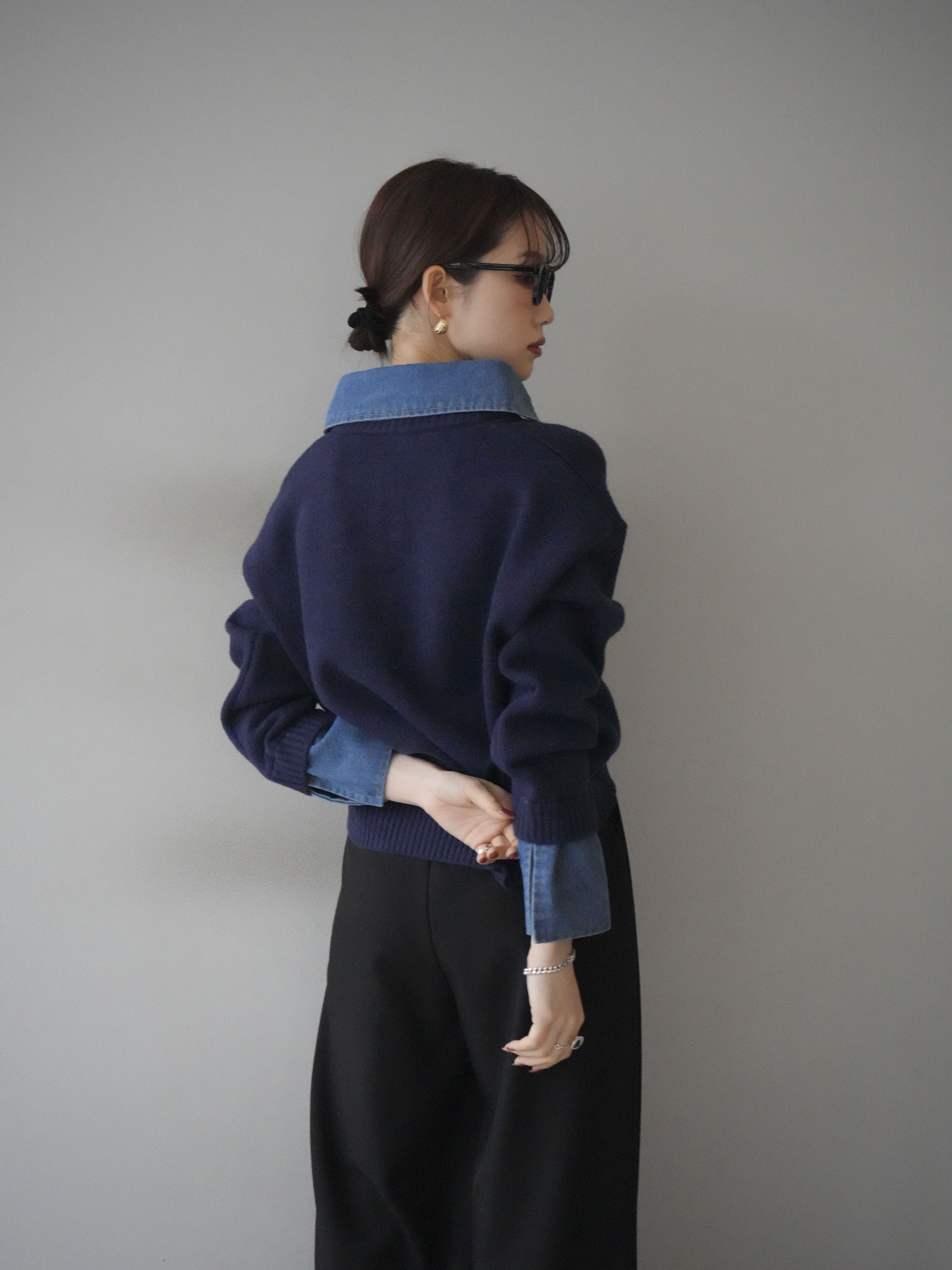SET]デニム襟ポロニットプルオーバー+ベルトループデザインワイド