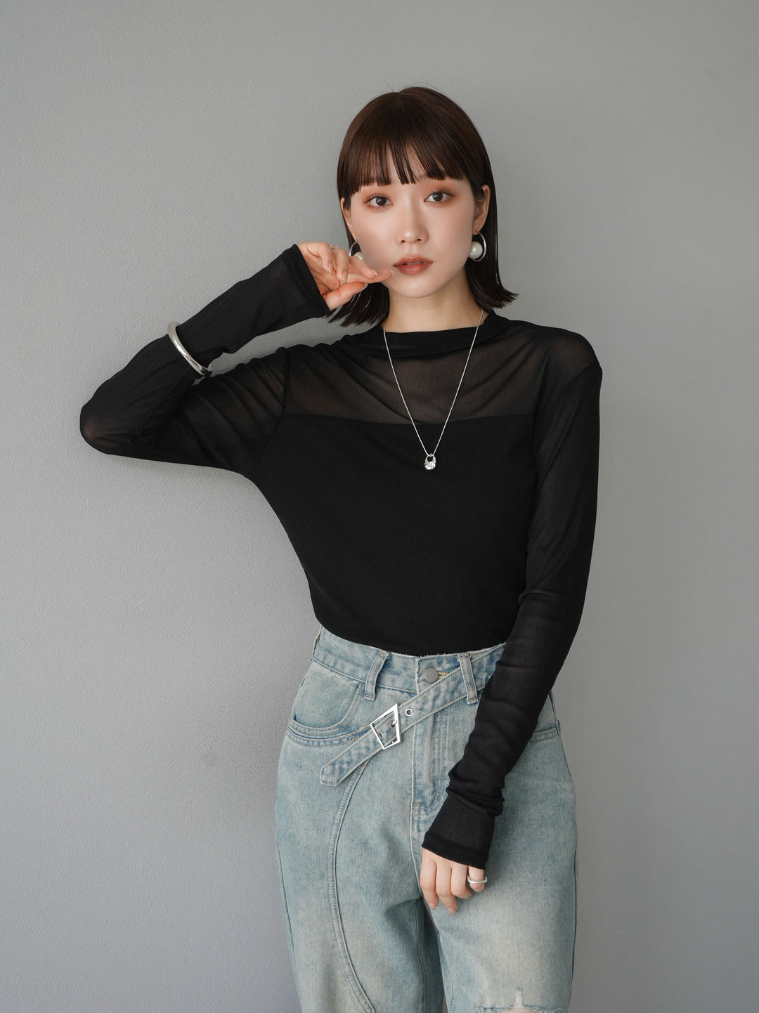 [SET]シアー切替ストレッチ長袖トップス+シアー切替ストレッチトップス(2set)