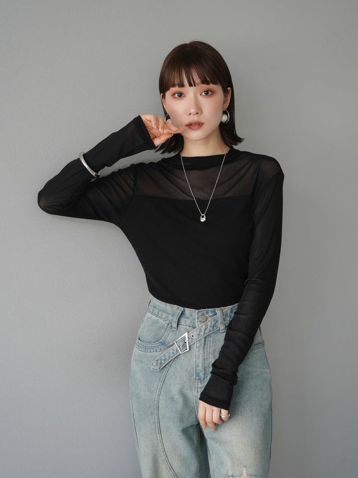 [SET]シアー切替ストレッチ長袖トップス+シアー切替ストレッチトップス(2set)