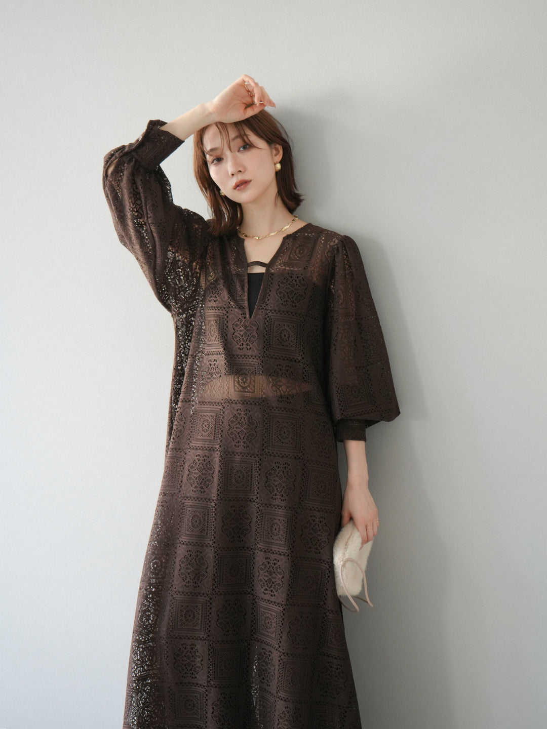 【套裝】塊蕾絲捲袖洋裝+塊蕾絲寬褲（2套）