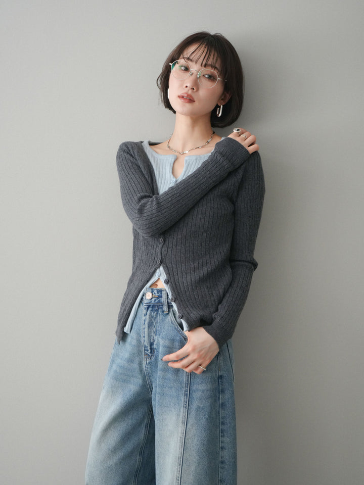 [予約]バイカラーレイヤードニットカーディガン/gray