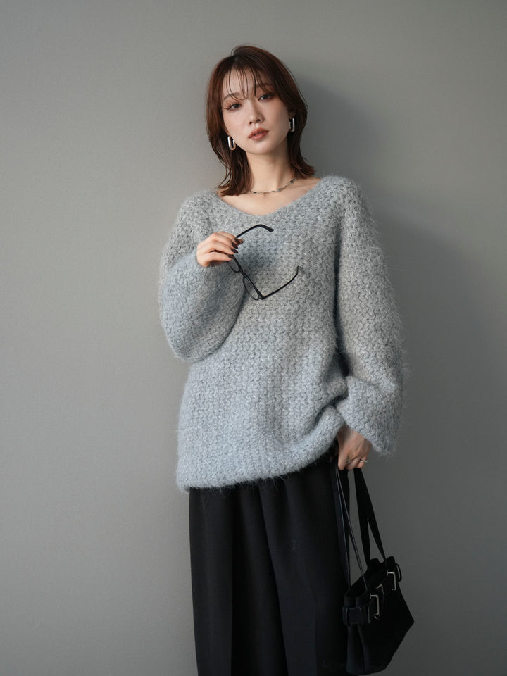 [予約]ウールタッチラメミックスヤーンVネックニットプルオーバー/lightgray