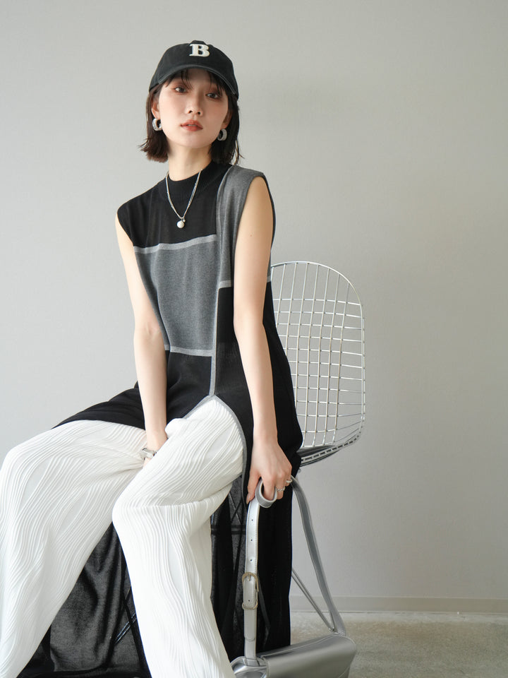 [SET] 配色開衩針織洋裝 + 波浪滾邊休閒褲 (2件套)