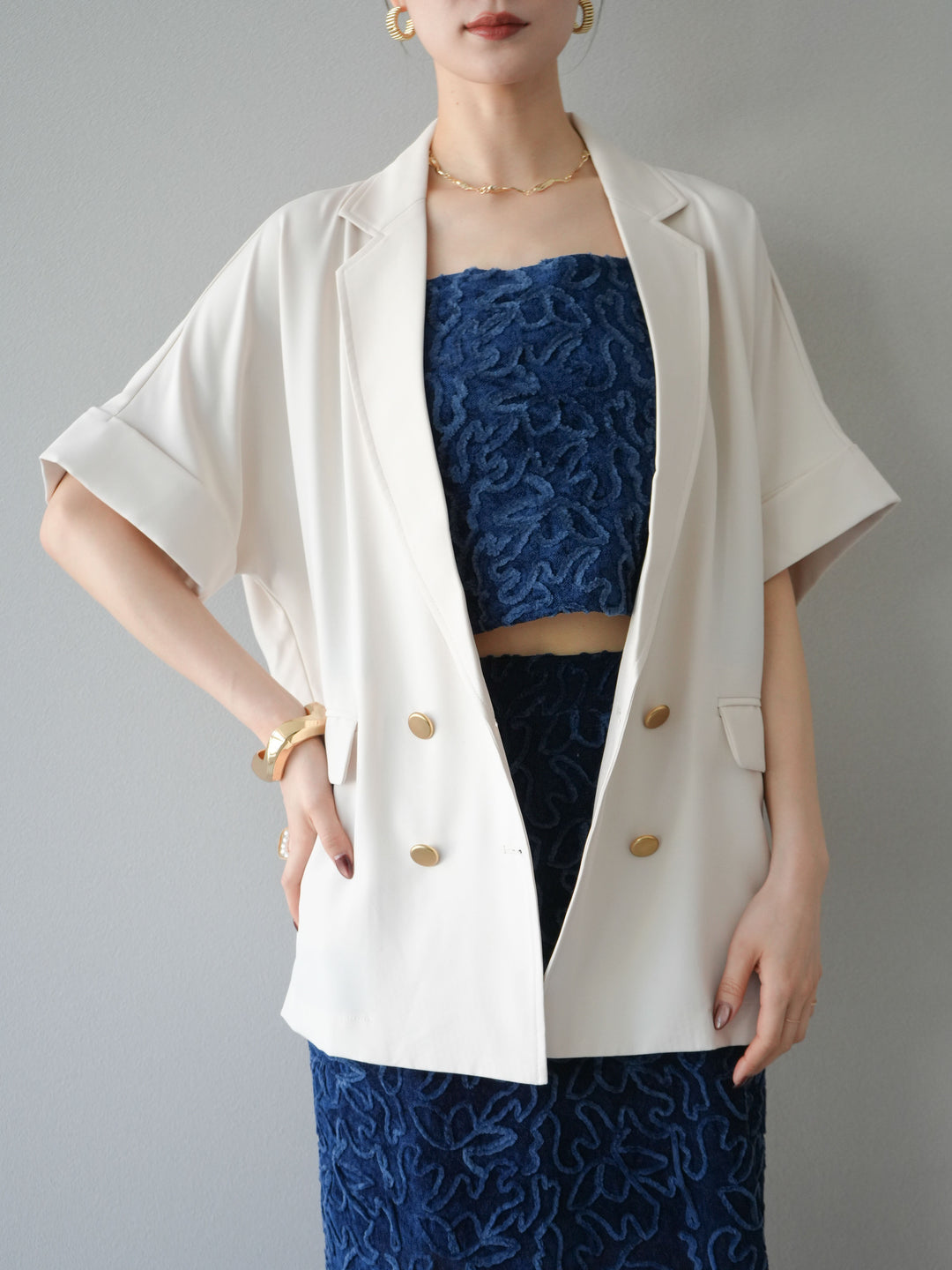 [予約]ゴールドボタンハーフジャケット/アイボリー