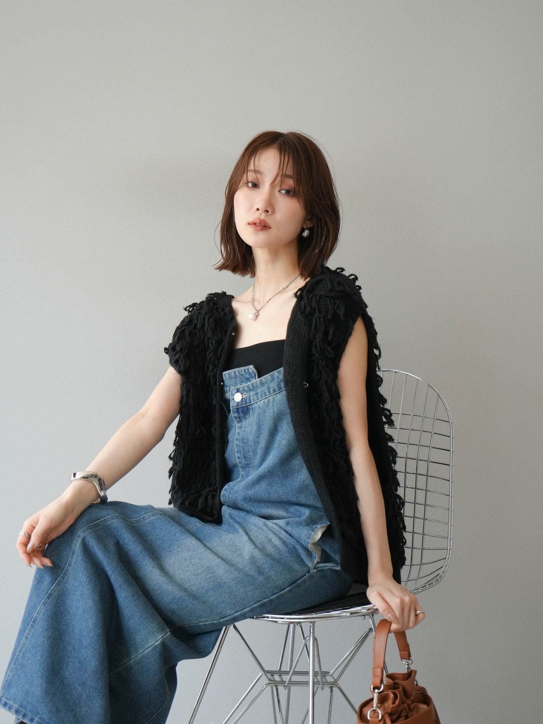 [SET]ループデザインベスト+アシンメトリーデニムワンピース(2set)