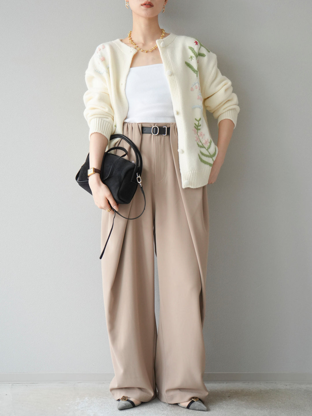 [SET]フラワー刺繍ニットカーディガン+ベルト付タックワイドパンツ(2set)